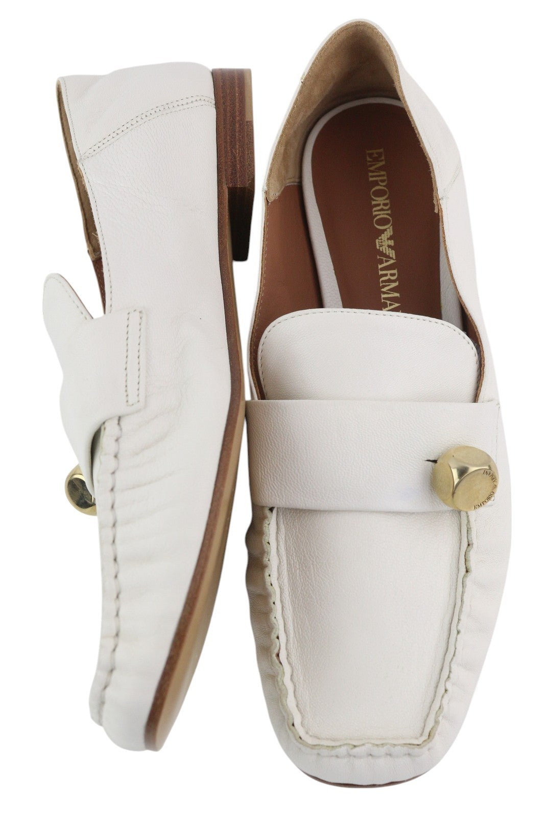 EMPORIO ARMANI Women's White Square Toe Loafers EU37 Gold Tone Leather