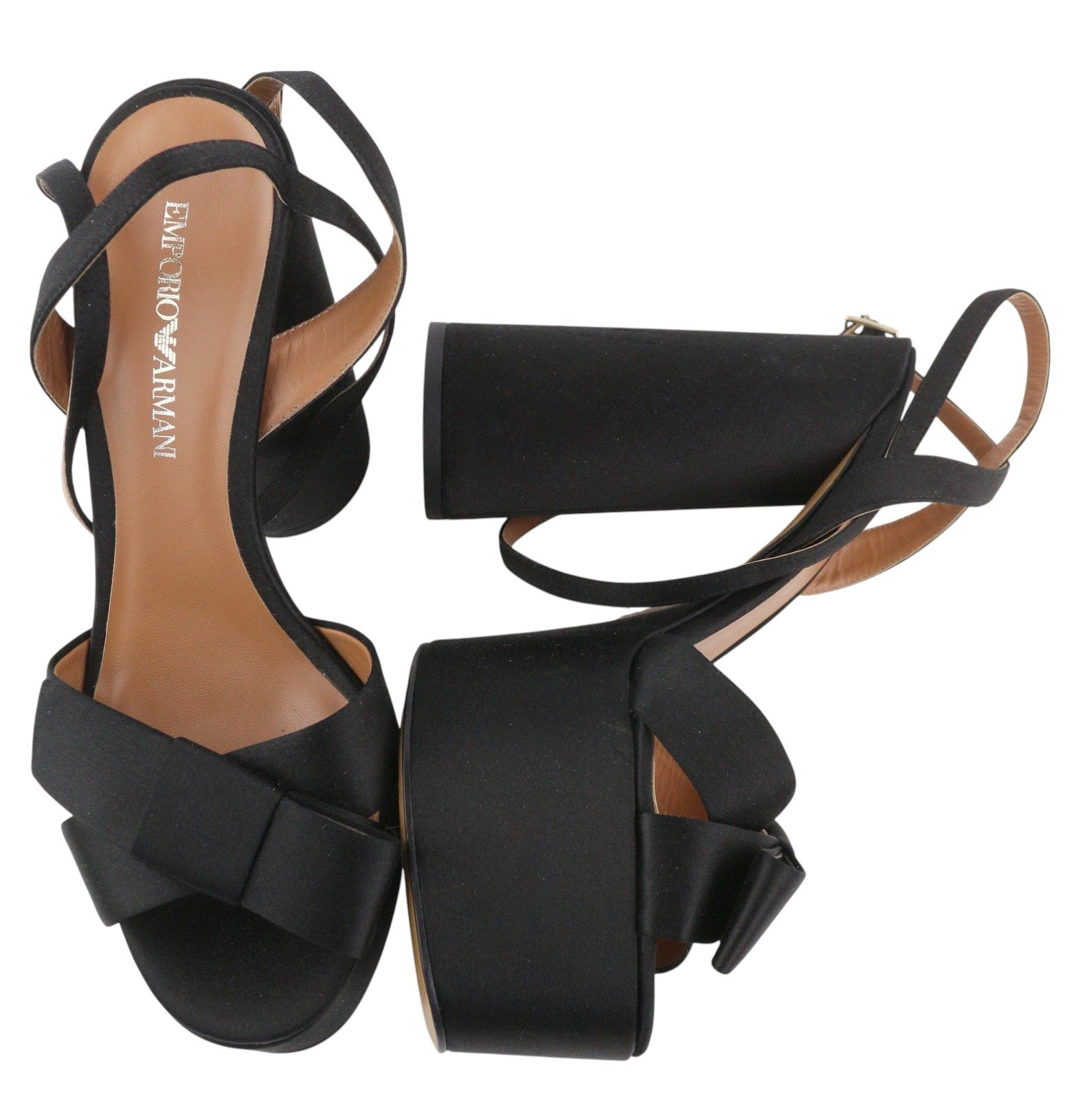 EMPORIO ARMANI X3P738 Women's Black Satin Platform Heels EU37 Open Toe