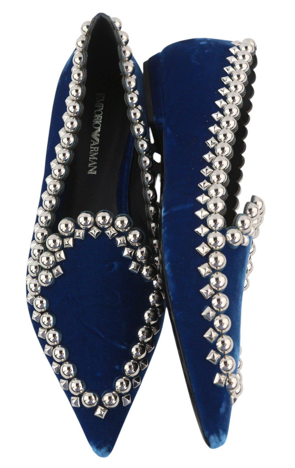 EMPORIO ARMANI X3A082 Women's Blue Velvet Shoes EU37 Pointed Toe Metal Trim