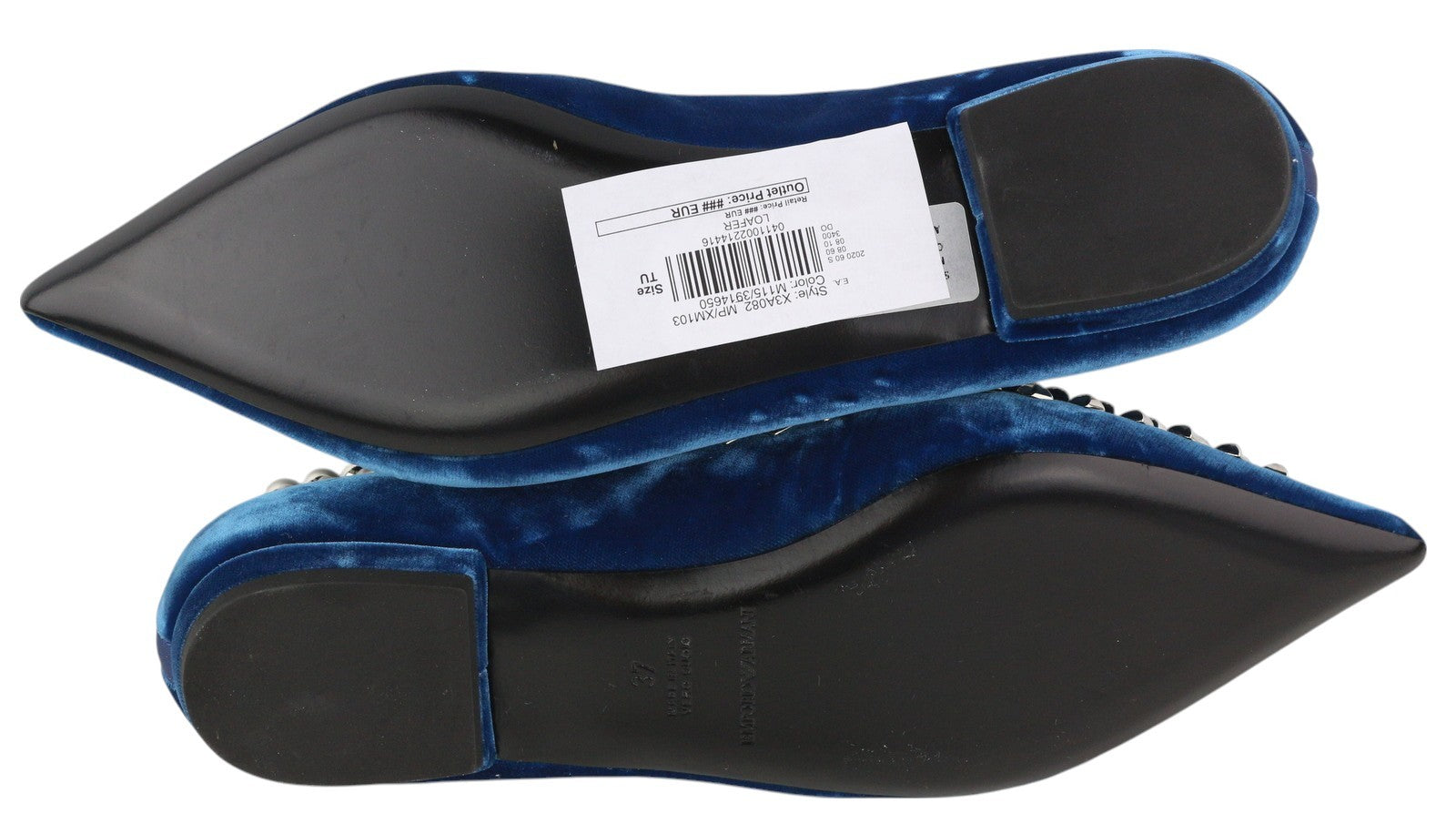 EMPORIO ARMANI X3A082 Women's Blue Velvet Shoes EU37 Pointed Toe Metal Trim