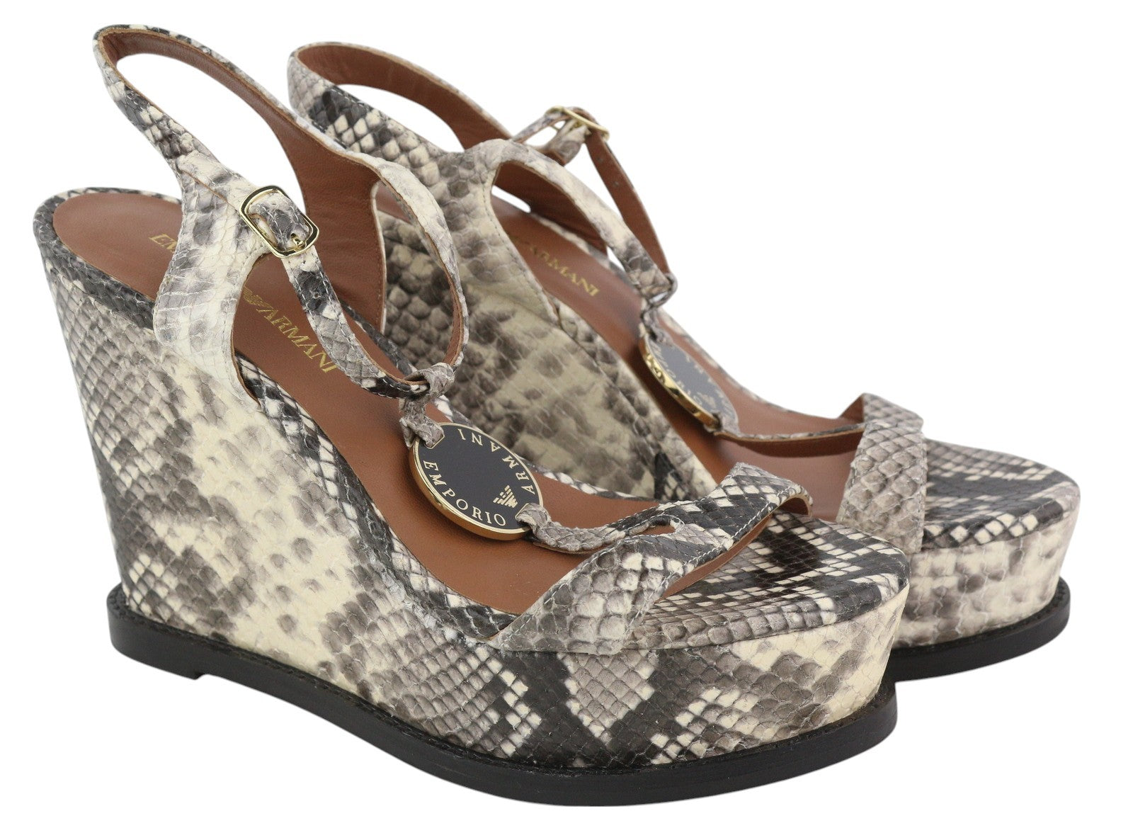 EMPORIO ARMANI Women's Snake Print Leather Sandals EU37 Platform Heel RRP288