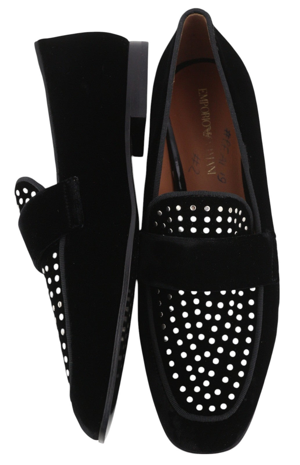 EMPORIO ARMANI X3A075 Women's Black Velvet Loafers EU37 Square Toe Slip-On