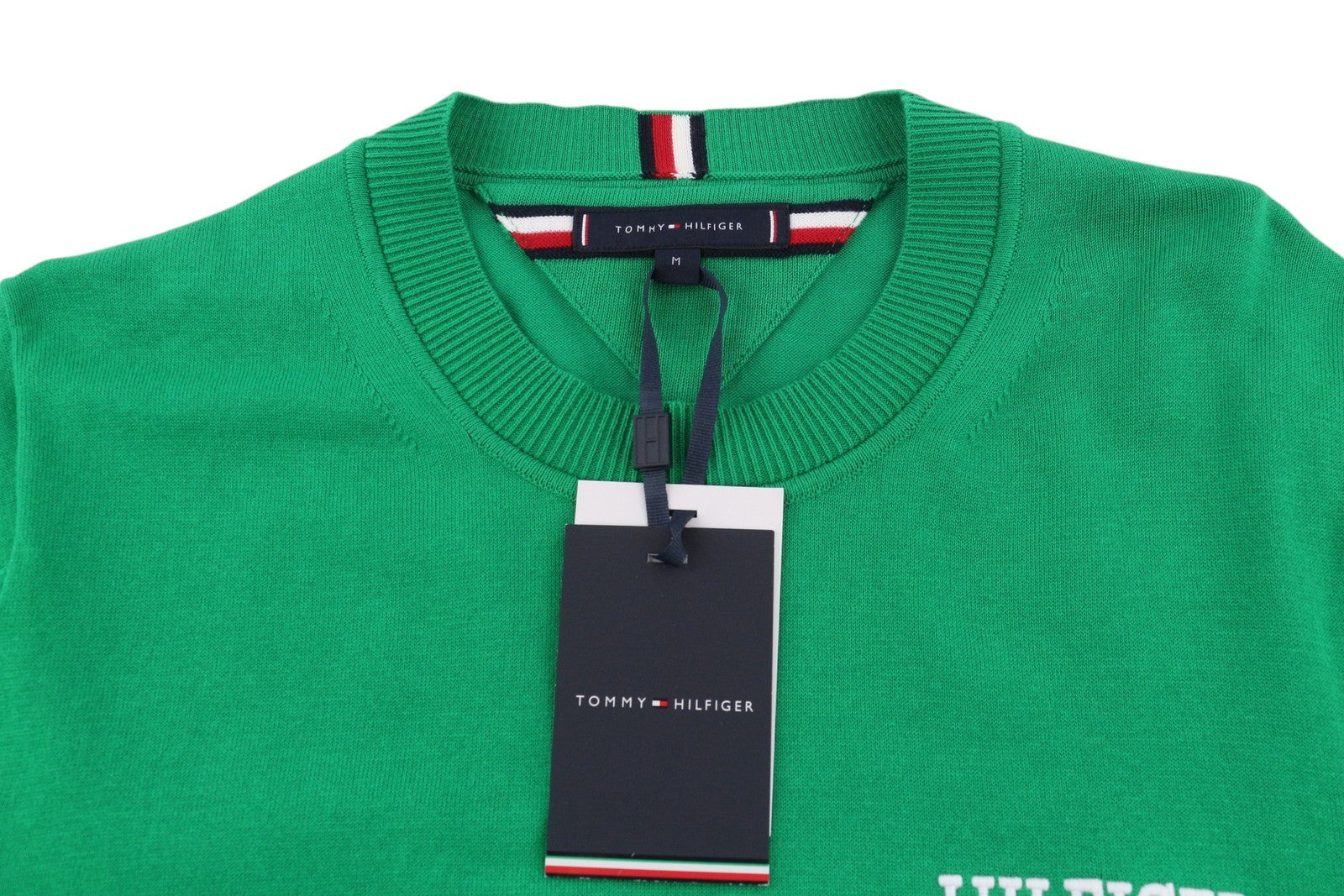 TOMMY HILFIGER Men's Green Knit Pullover M Crew Neck Monotype Trim