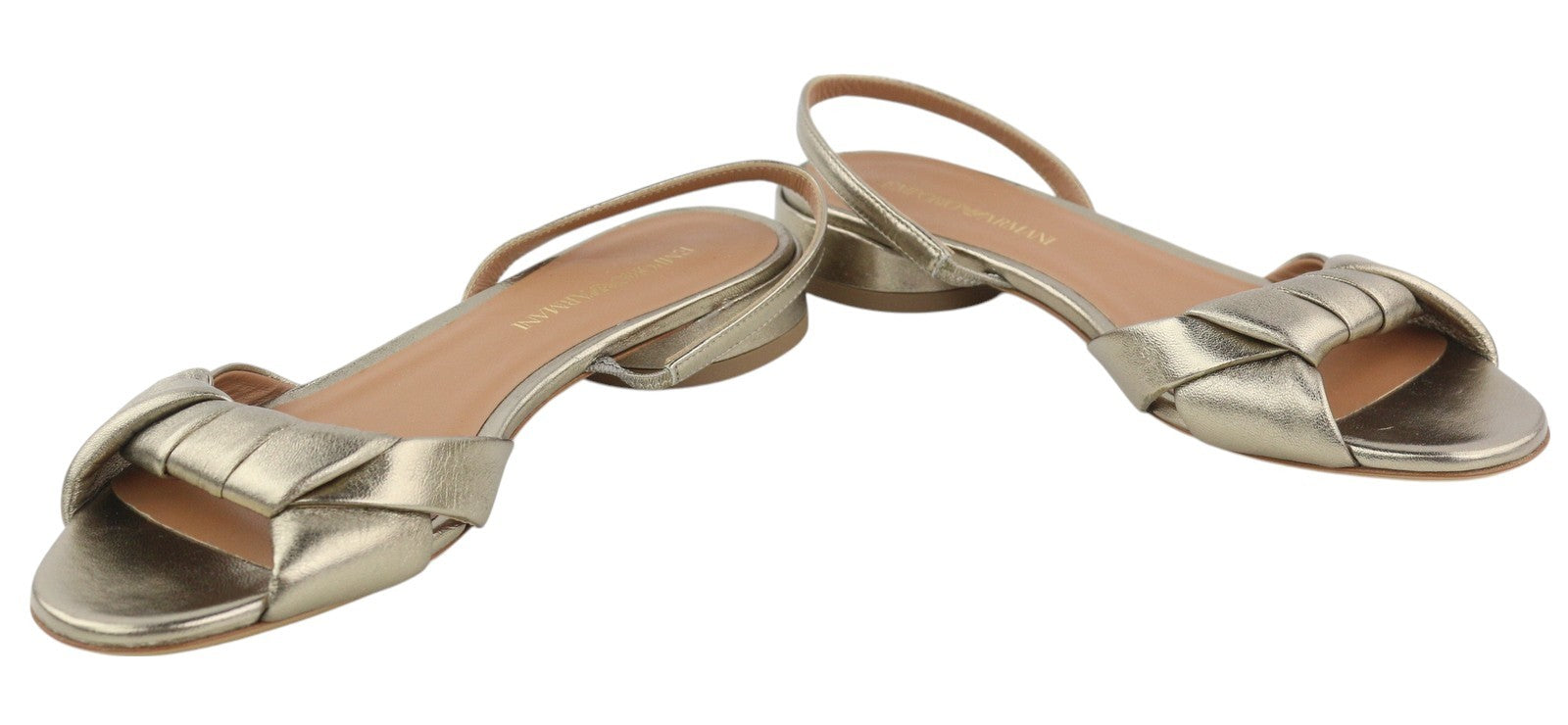 EMPORIO ARMANI Women's Gold Leather Sandals EU37 Slip-On Flat Heeled Logo