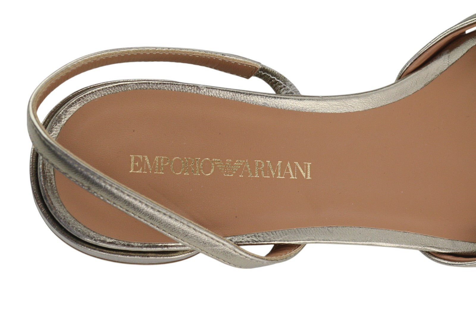 EMPORIO ARMANI Women's Gold Leather Sandals EU37 Slip-On Flat Heeled Logo