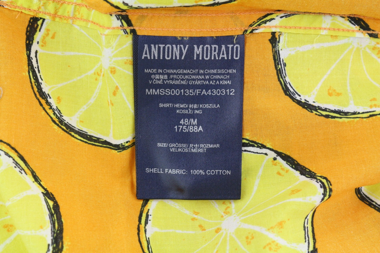 ANTONY MORATO Men's Shirt M Yellow Lemon Print Straight Fit Short Sleeve