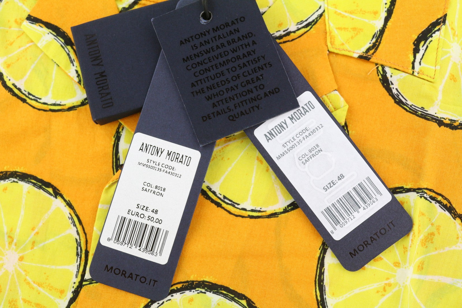 ANTONY MORATO Men's Shirt M Yellow Lemon Print Straight Fit Short Sleeve