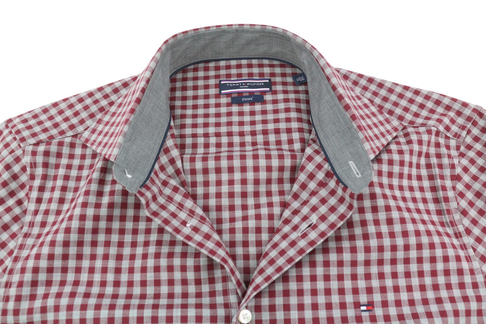 TOMMY HILFIGER Men's Shirt S Burgundy Check Tailored Fit Cutaway Collar