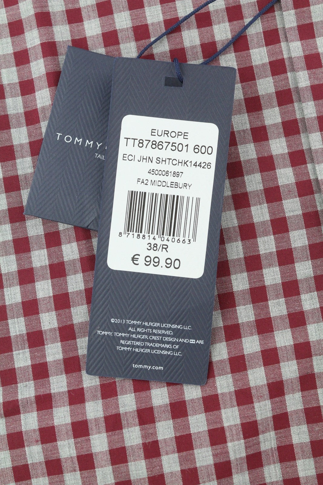 TOMMY HILFIGER Men's Shirt S Burgundy Check Tailored Fit Cutaway Collar