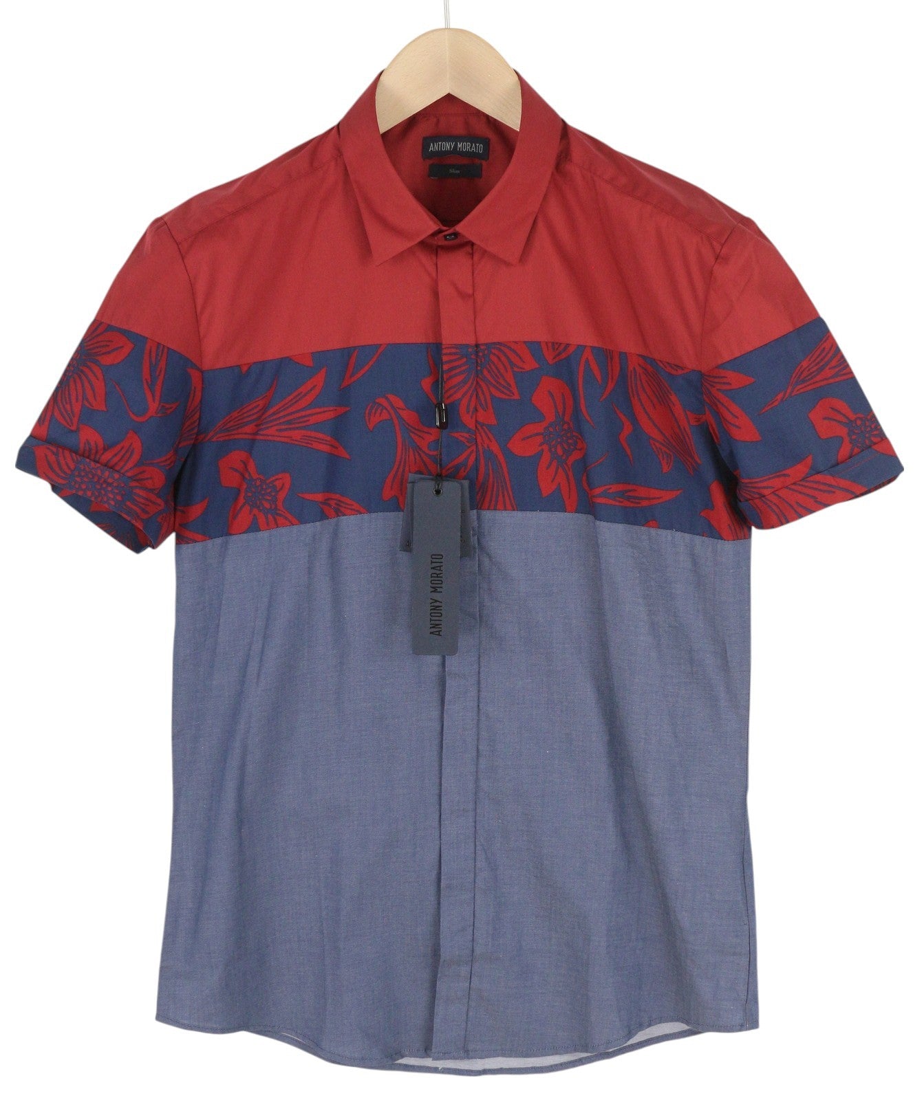 ANTONY MORATO Men's Shirt M Blue Floral Print Short Sleeve Button Up Casual