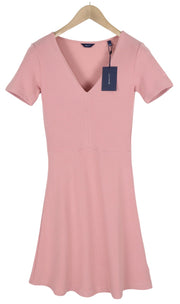 GANT Rib Structure Women's Dress XS Pink Stretch V Neck Short Sleeve Knee