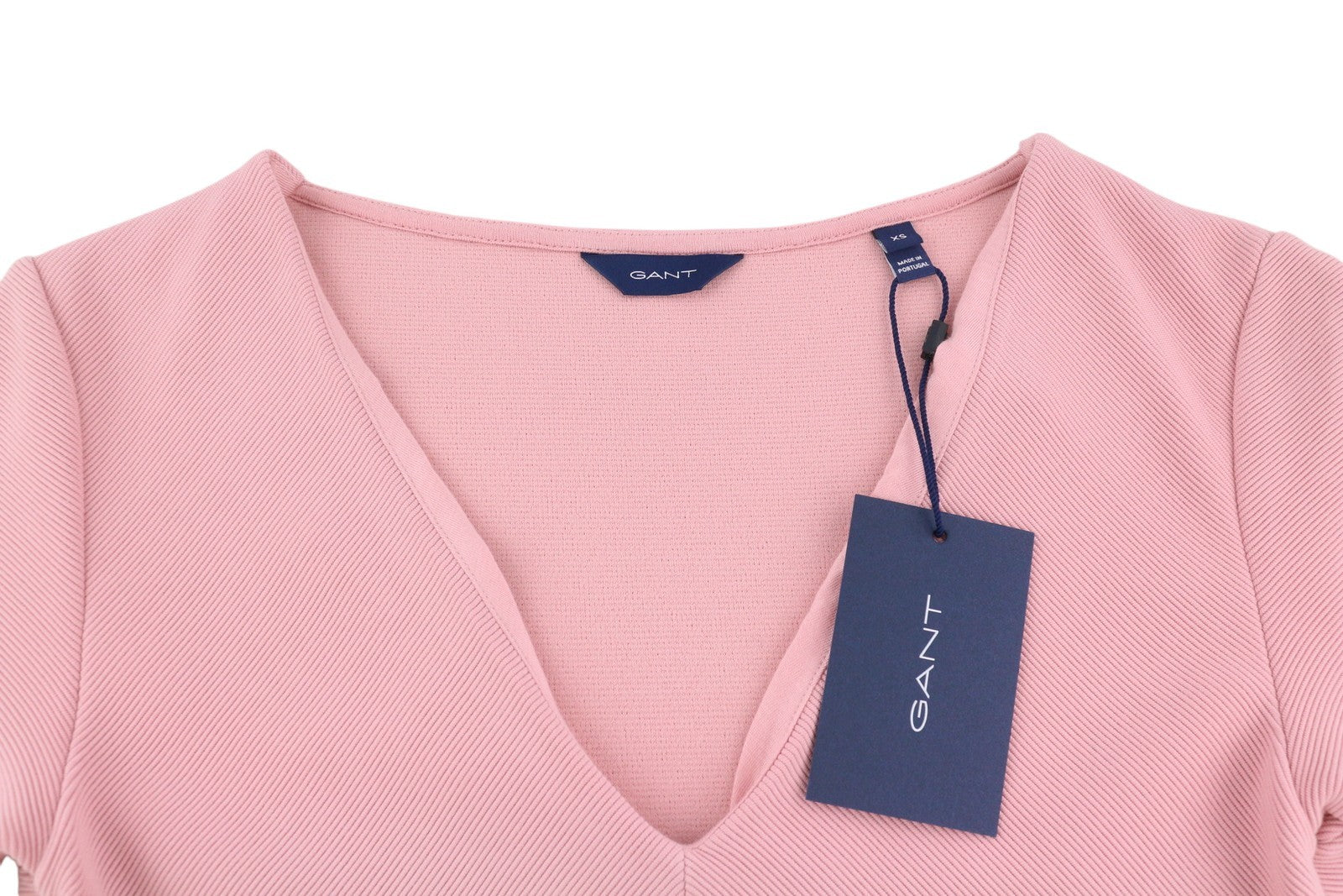 GANT Rib Structure Women's Dress XS Pink Stretch V Neck Short Sleeve Knee