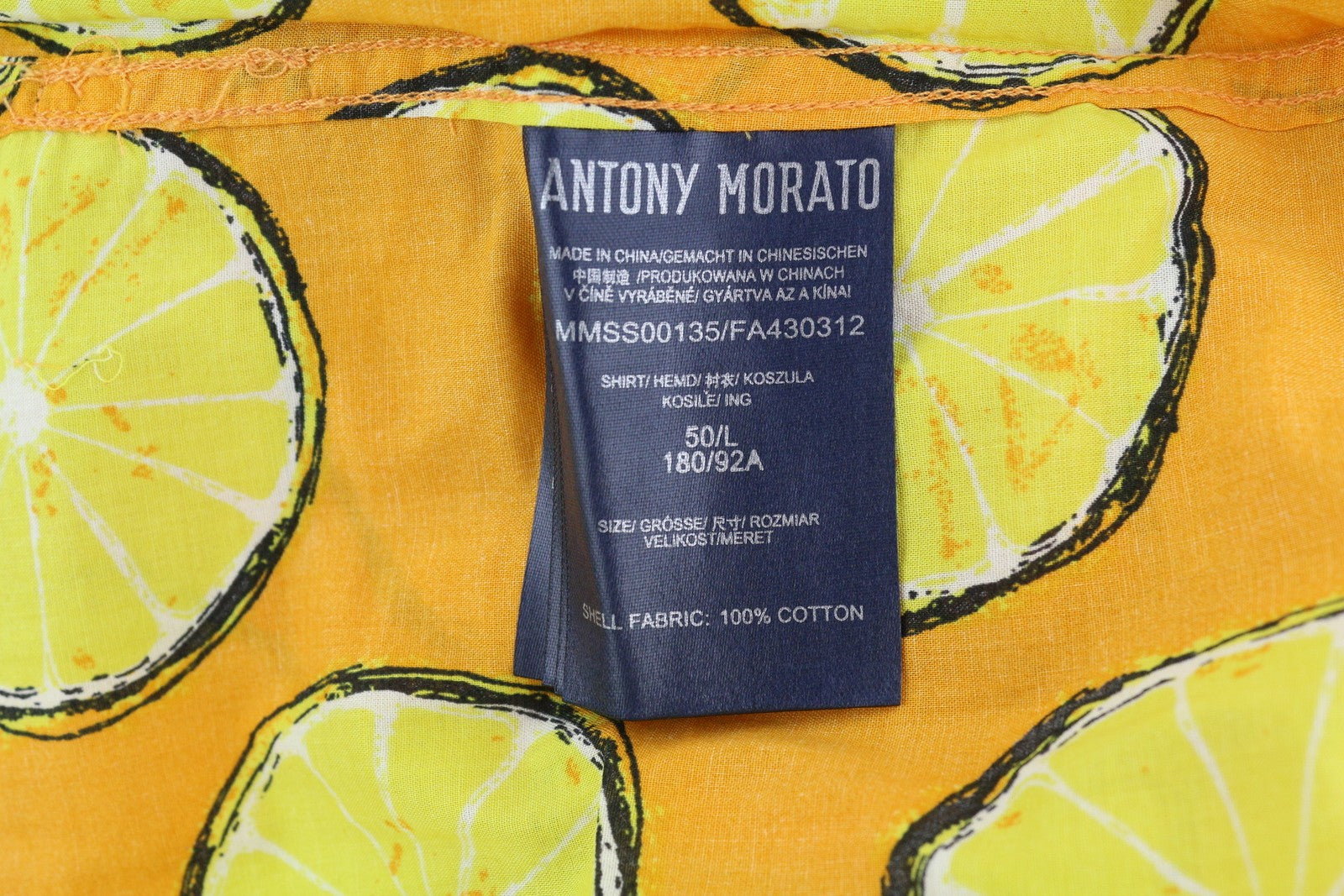 ANTONY MORATO Men's Shirt L Yellow Lemon Print Button Up Short Sleeve