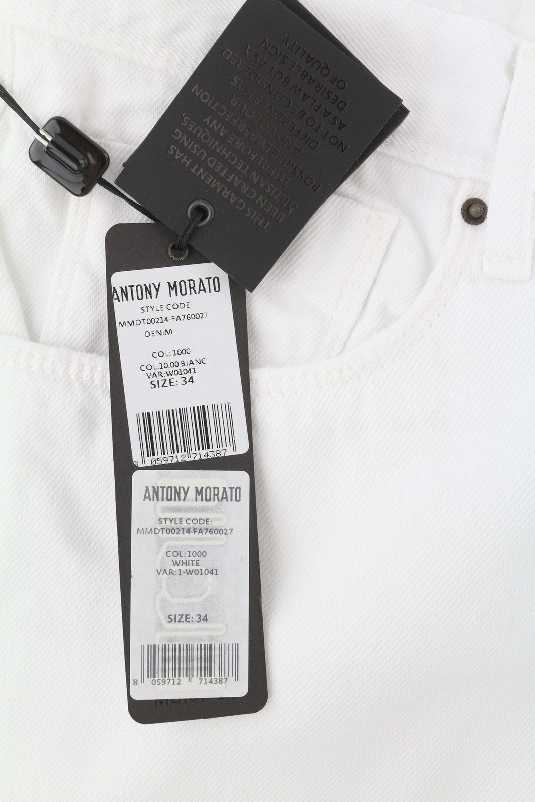 ANTONY MORATO Argon Men's Jeans W34 White Denim Slim Fit Cropped Button Fly