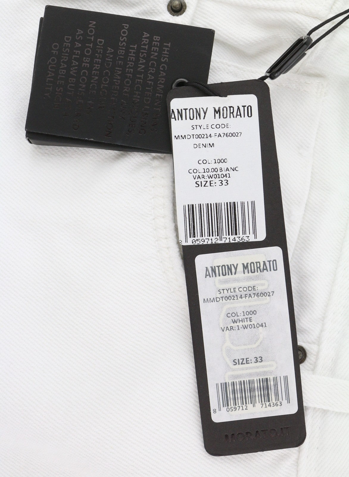 ANTONY MORATO Argon Men's Jeans W33 White Denim Slim Cut Cropped Button Fly