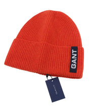 GANT Label Rib Knit Beanie Men Hat OS Spicy Orange Wool Stretch Unisex