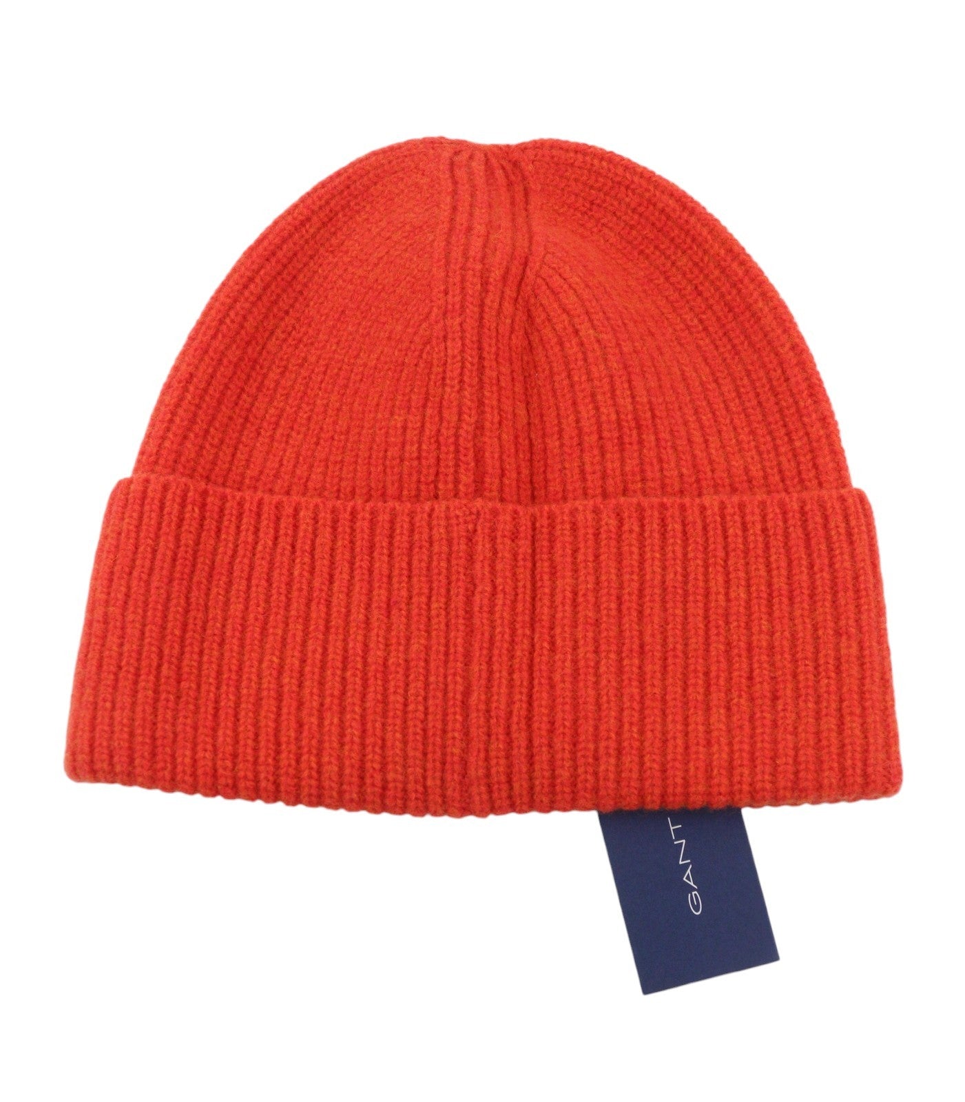 GANT Label Rib Knit Beanie Men Hat OS Spicy Orange Wool Stretch Unisex