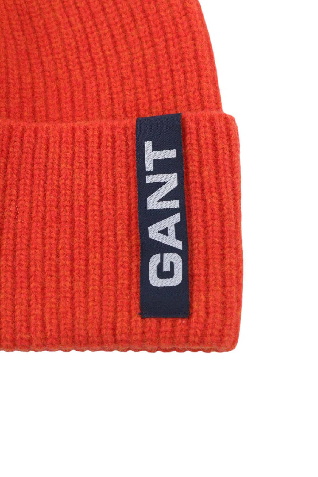 GANT Label Rib Knit Beanie Men Hat OS Spicy Orange Wool Stretch Unisex