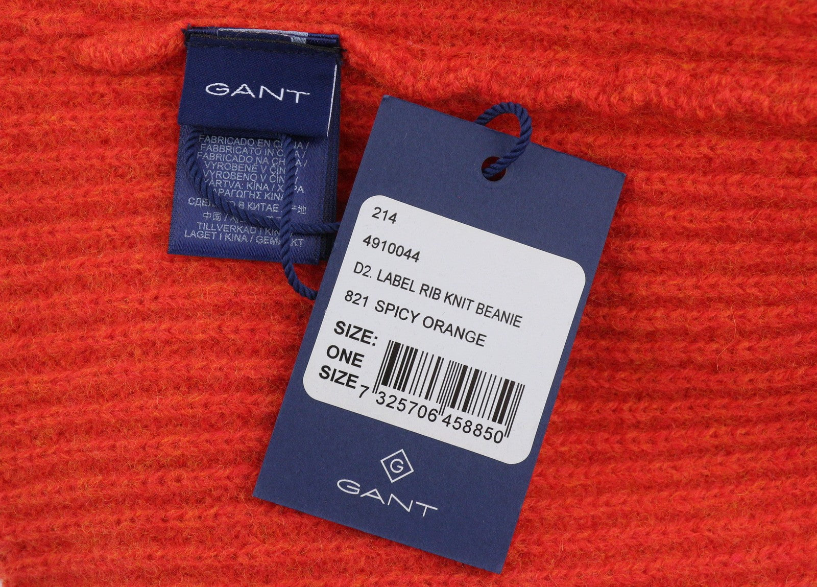GANT Label Rib Knit Beanie Men Hat OS Spicy Orange Wool Stretch Unisex