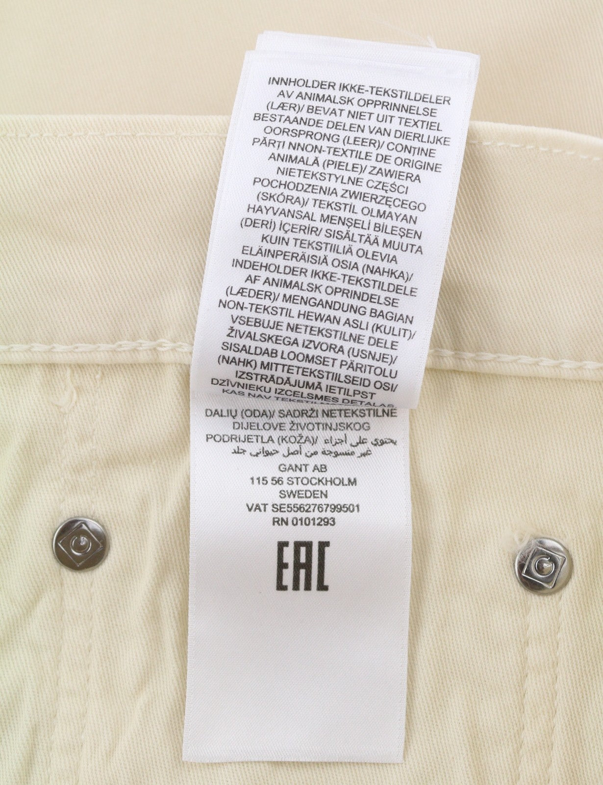 GANT Hayes Desert Men Trousers W34/L34 Caulk White Slim Mid Waist Zip Fly