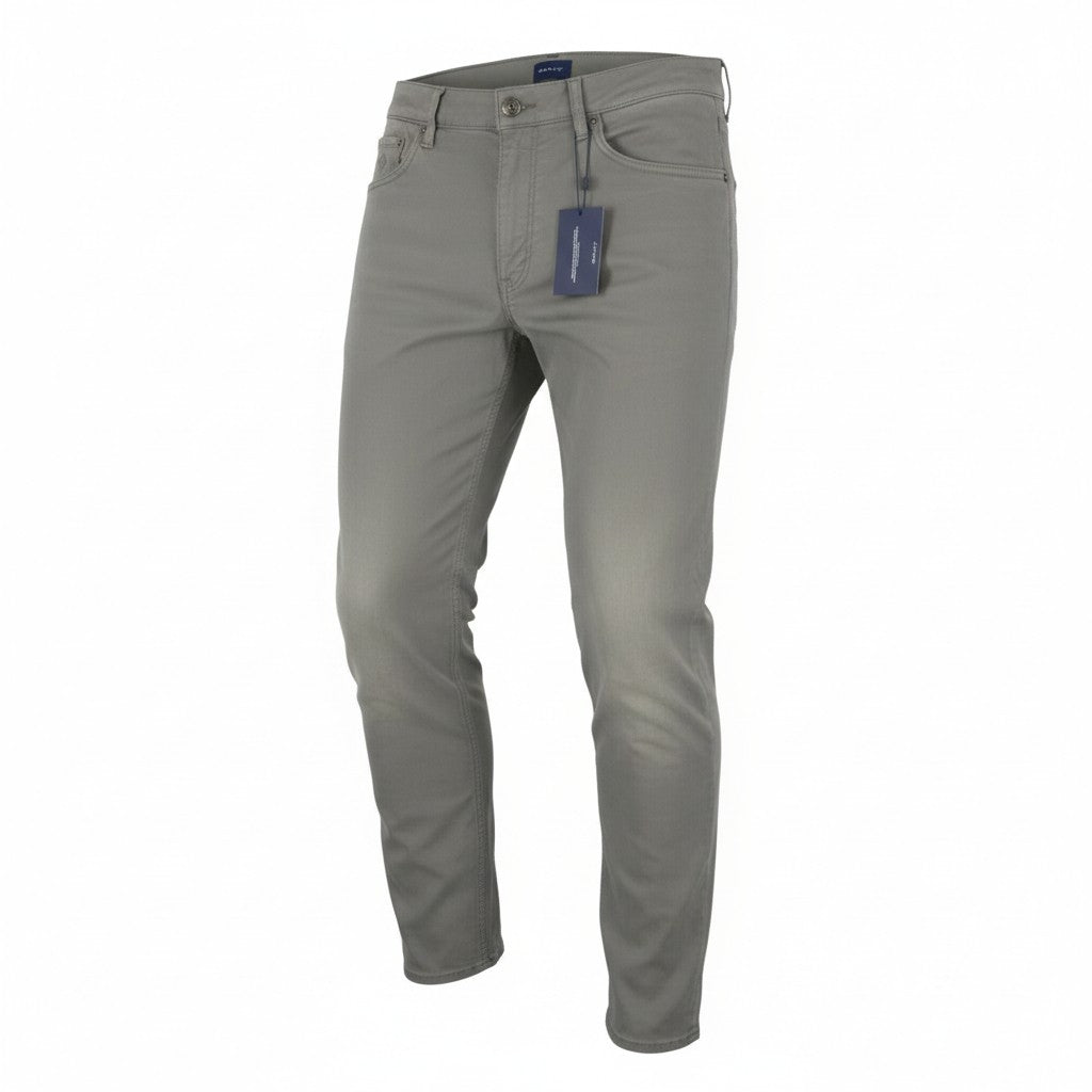 GANT Maxen Satin Men Trousers W35/L32 Steel Grey Extra Slim Zip Fly Casual