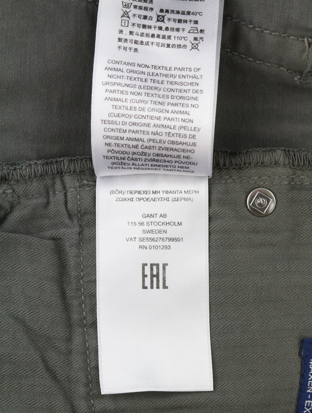 GANT Maxen Satin Men Trousers W35/L32 Steel Grey Extra Slim Zip Fly Casual