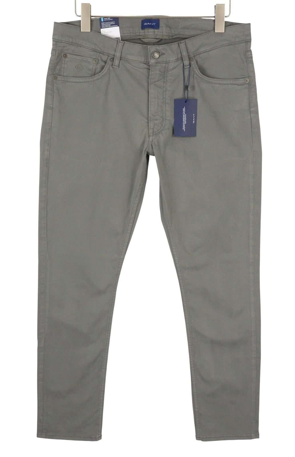 GANT Maxen Satin Men Trousers W35/L32 Steel Grey Extra Slim Zip Fly Casual