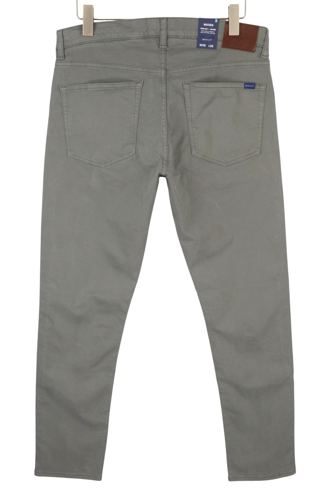 GANT Maxen Satin Men Trousers W35/L32 Steel Grey Extra Slim Zip Fly Casual