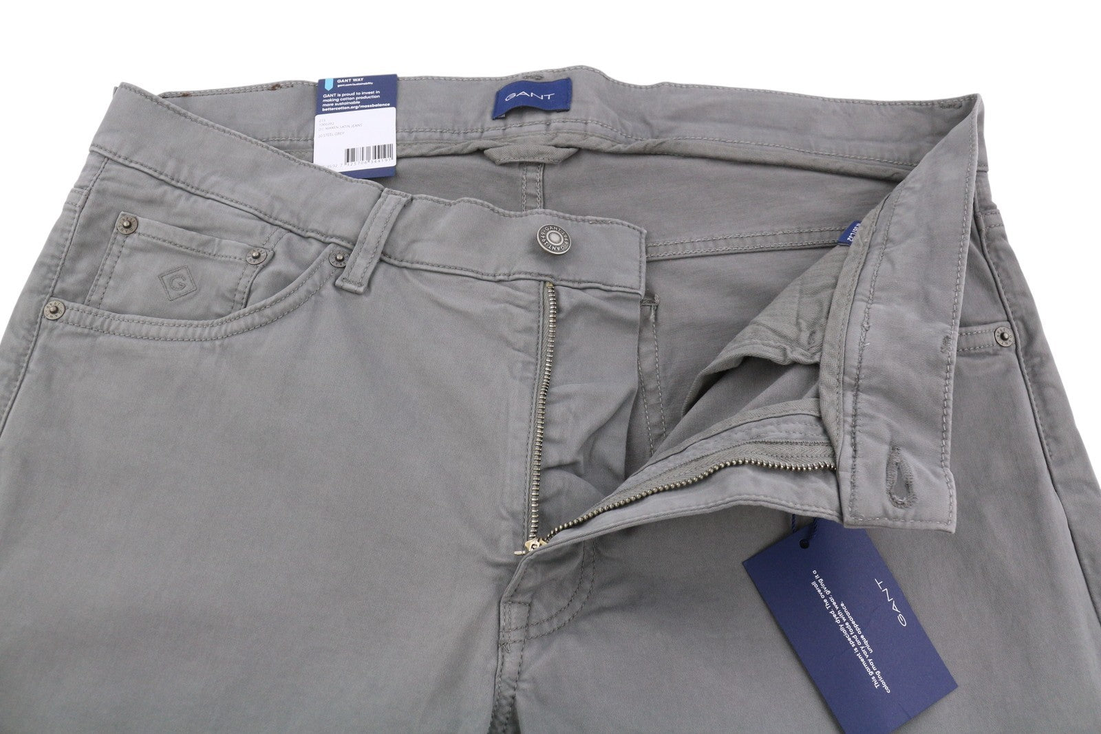 GANT Maxen Satin Men Trousers W35/L32 Steel Grey Extra Slim Zip Fly Casual