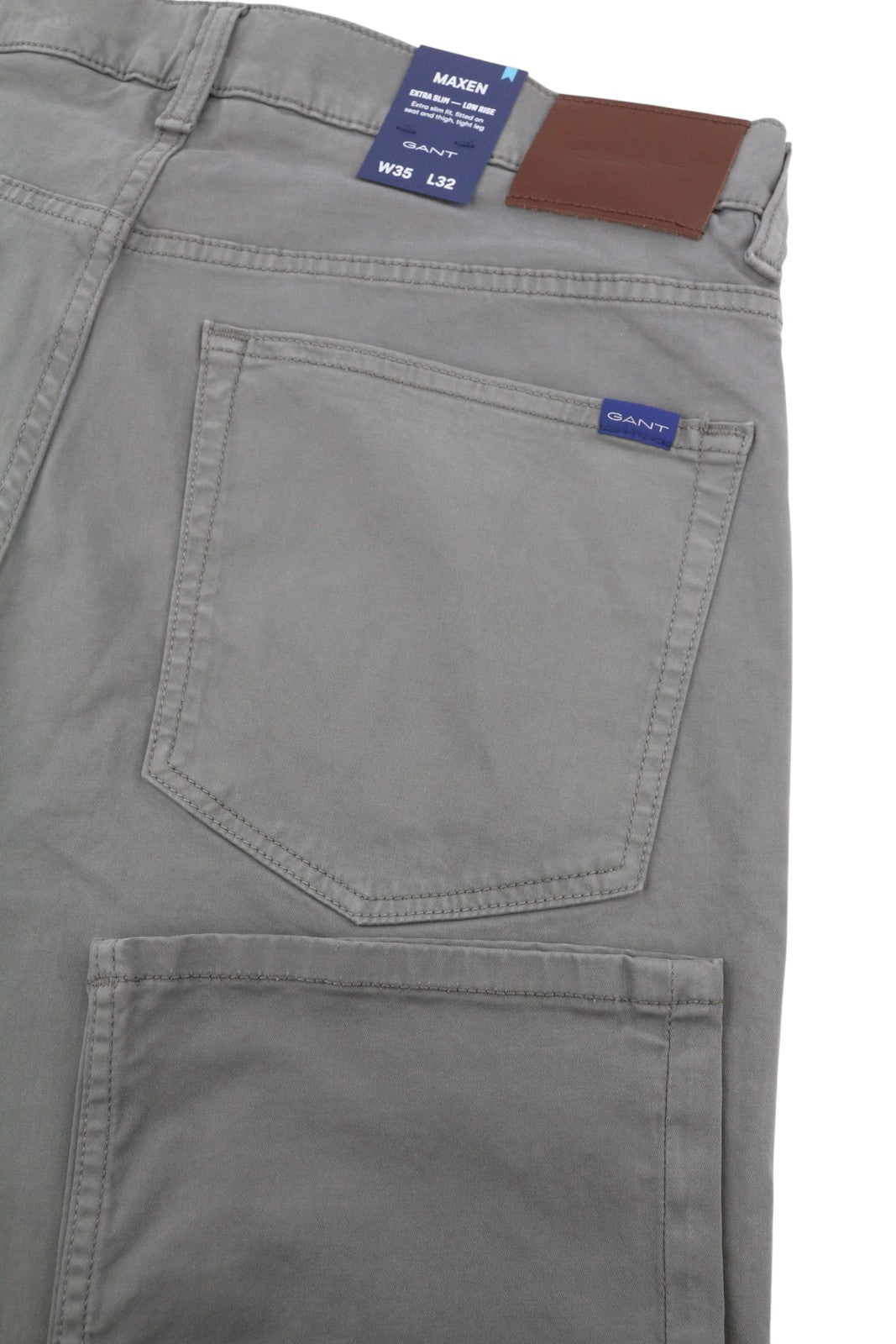 GANT Maxen Satin Men Trousers W35/L32 Steel Grey Extra Slim Zip Fly Casual