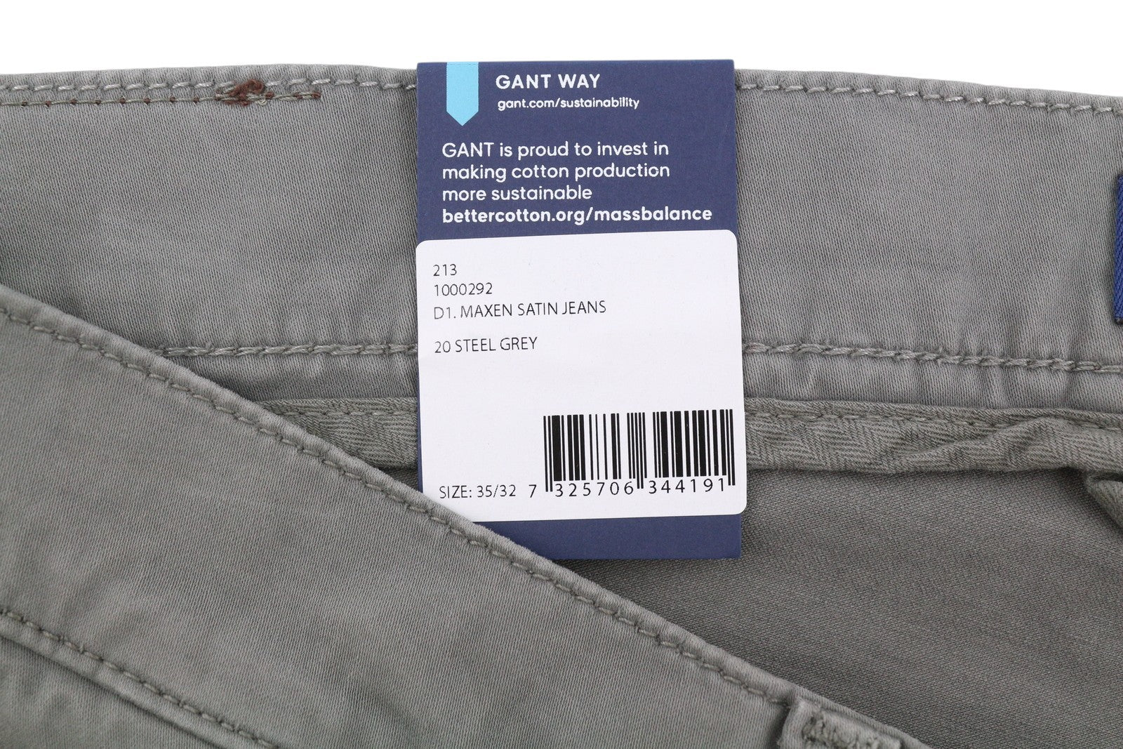GANT Maxen Satin Men Trousers W35/L32 Steel Grey Extra Slim Zip Fly Casual