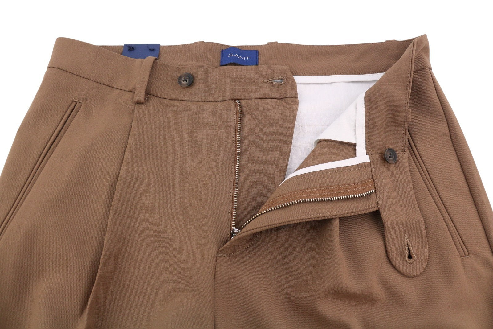 GANT Fluid Pleated Men Trousers W32 Roasted Walnut Wool Blend Turn-Up Zip Fly