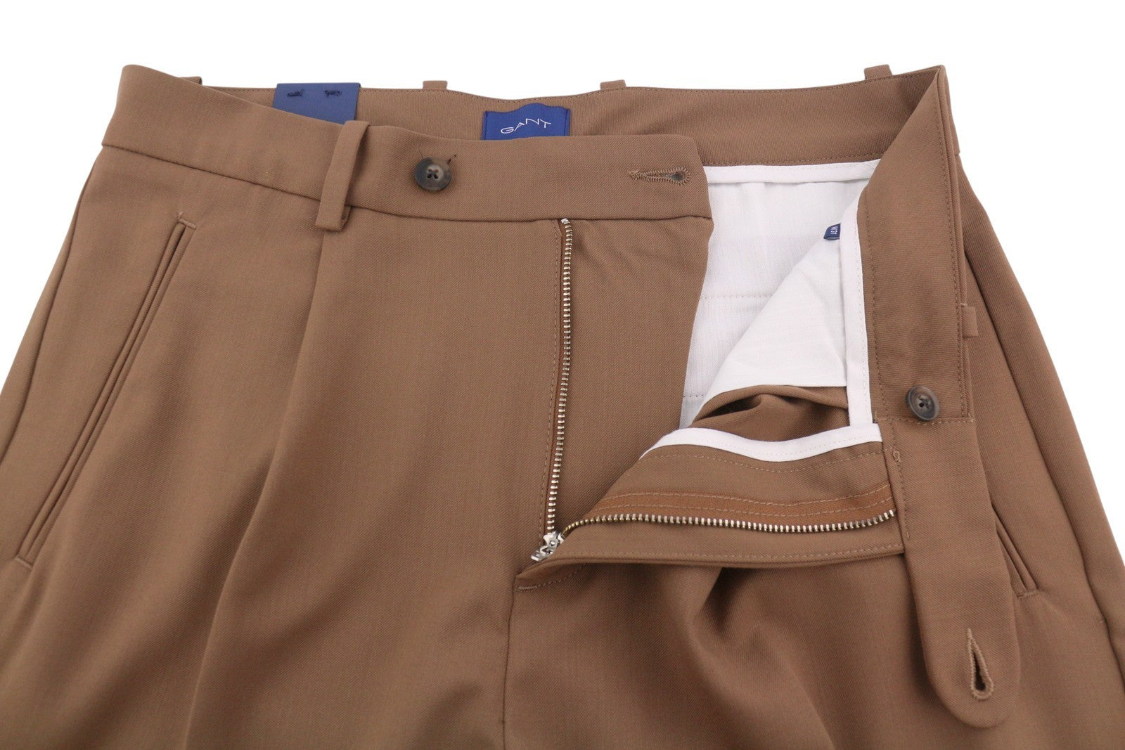 GANT Fluid Pleated Men Trousers W31 Roasted Walnut Wool Blend Turn-Up Zip Fly