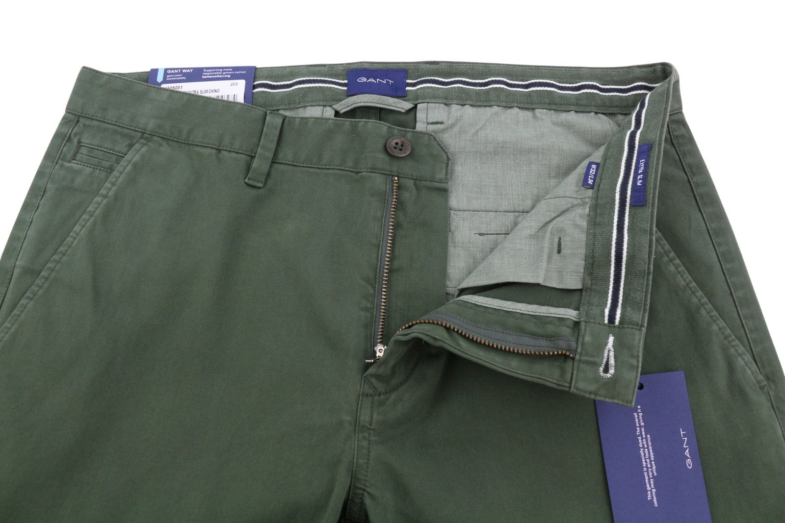 GANT Brushed Extra Slim Chino Men Trousers W32/L34 Thyme Green Zip Fly Casual