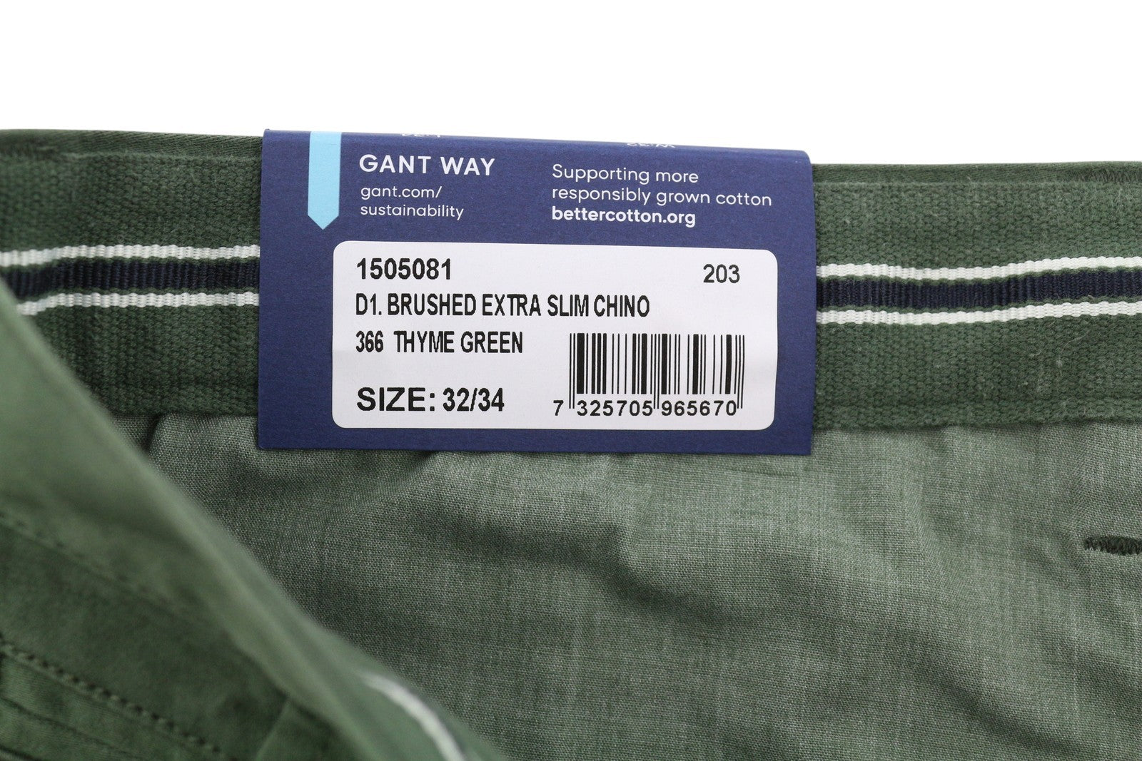 GANT Brushed Extra Slim Chino Men Trousers W32/L34 Thyme Green Zip Fly Casual