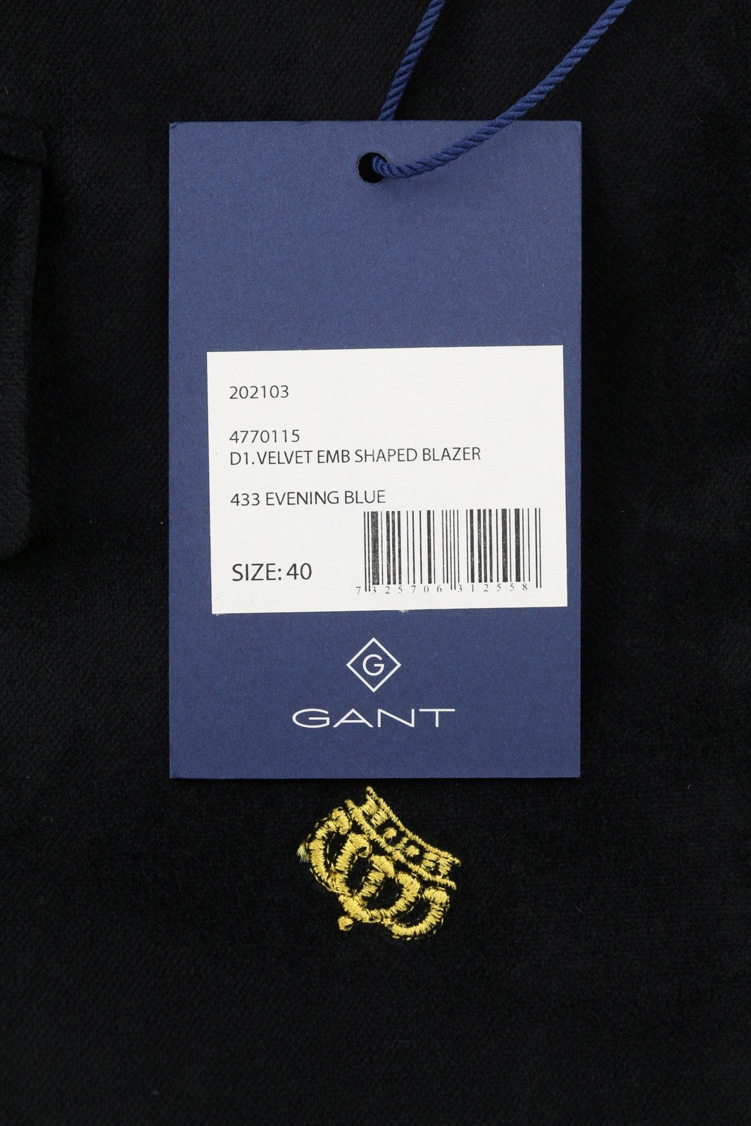 GANT Velvet Emb Shaped Women Blazer EU40 Evening Blue Embroidered Crown Peak