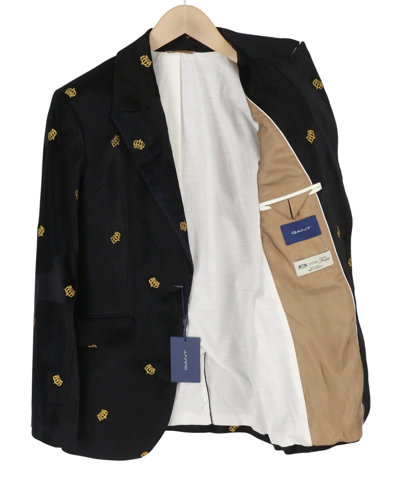 GANT Velvet Emb Shaped Women Blazer EU40 Evening Blue Embroidered Crown Peak