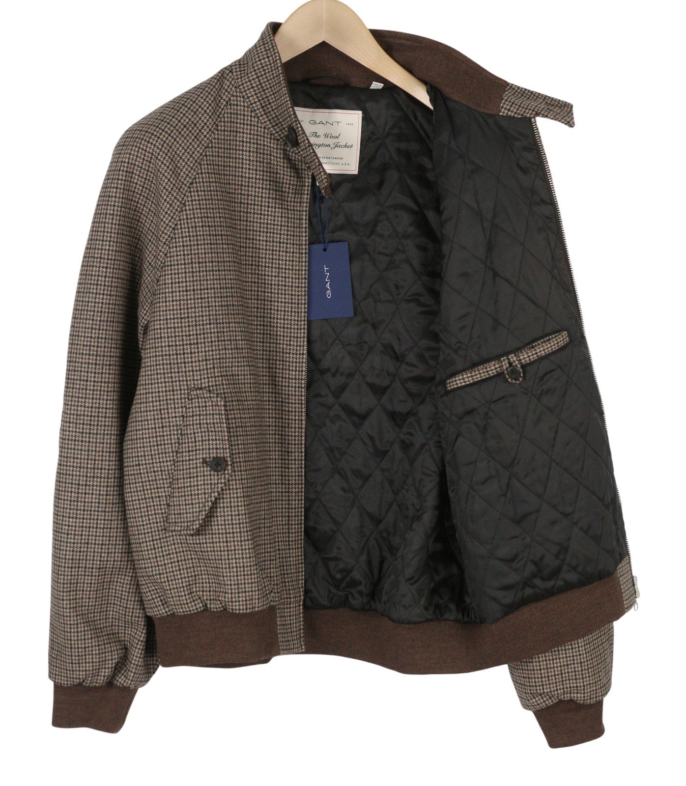 GANT Checked Wool Harrington Men Jacket M Hazel Wood Beige Padded Bomber RRP560