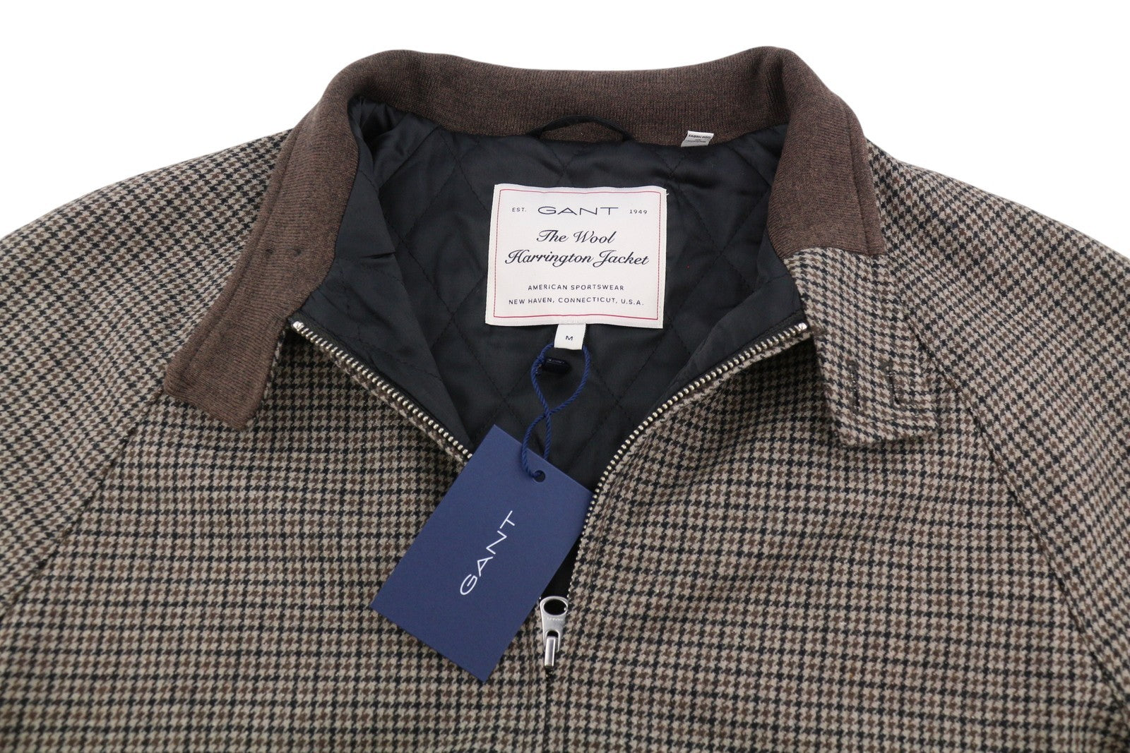 GANT Checked Wool Harrington Men Jacket M Hazel Wood Beige Padded Bomber RRP560