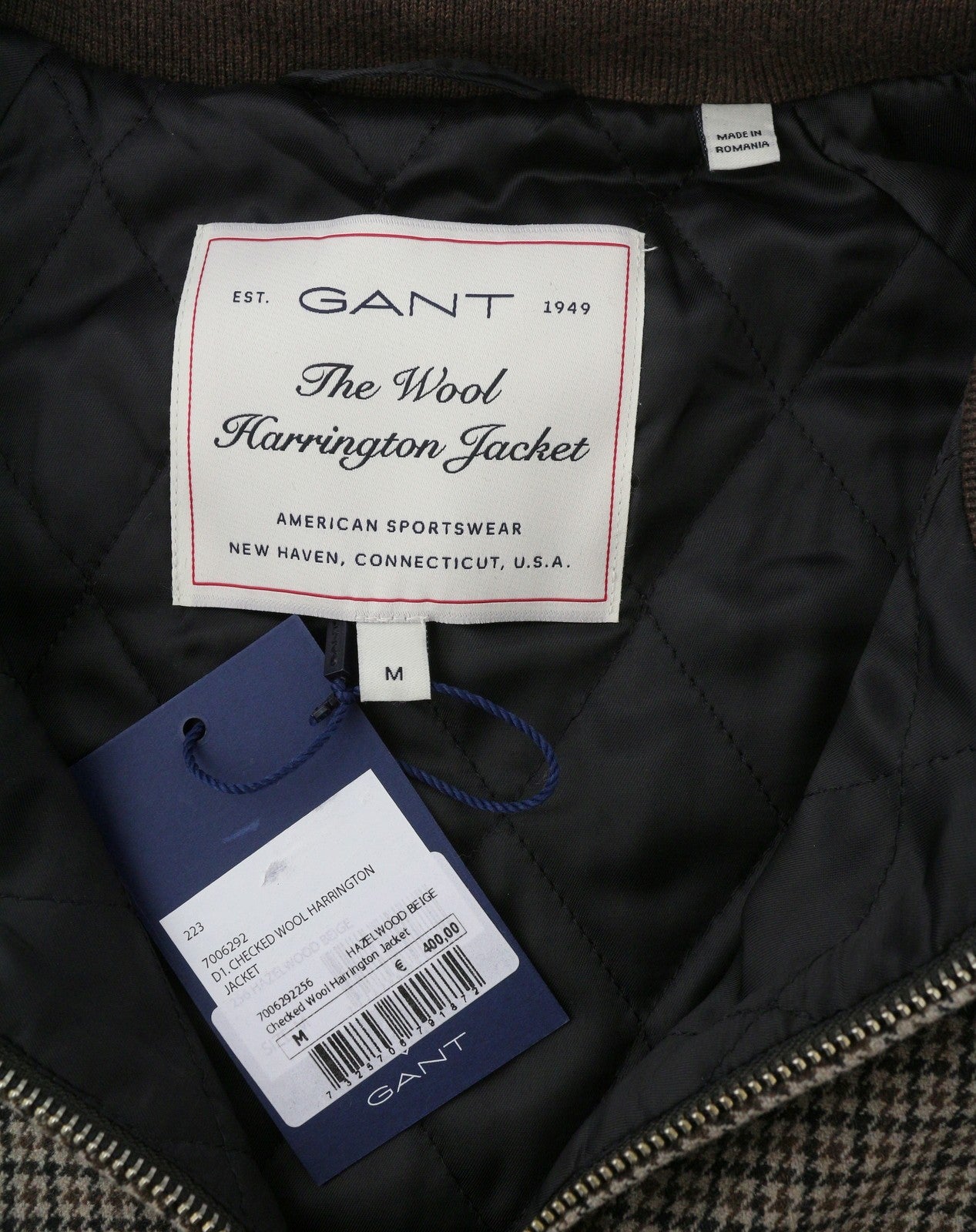 GANT Checked Wool Harrington Men Jacket M Hazel Wood Beige Padded Bomber RRP560