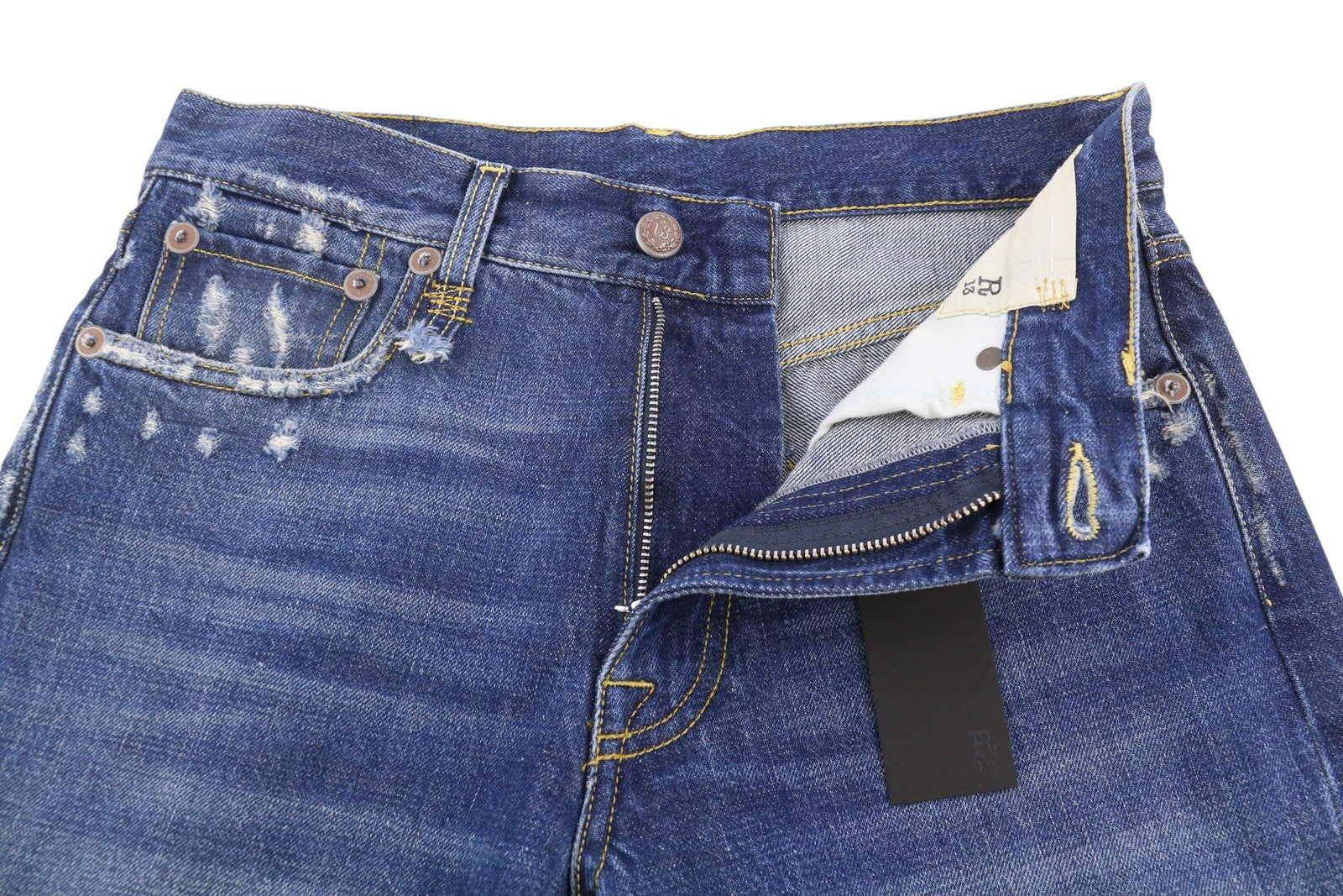 R13 Cuffed Romeo Women Jeans 26 Oasis Blue Whiskers Faded Distressed PS26 RPP645