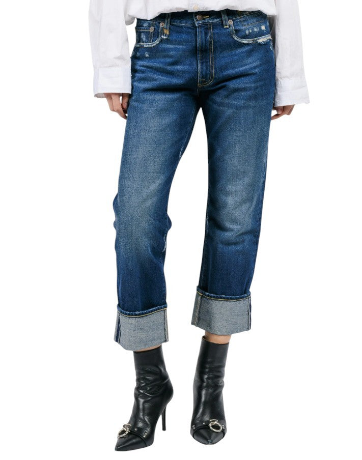 R13 Cuffed Romeo Women Jeans 26 Oasis Blue Whiskers Faded Distress PS26 RRP645