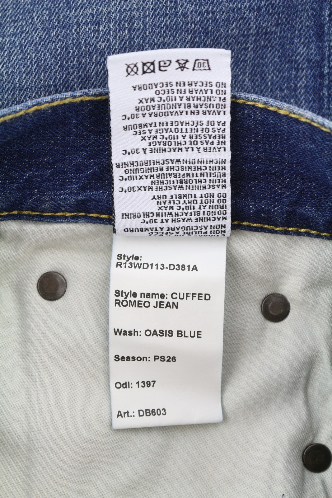 R13 Cuffed Romeo Women Jeans 26 Oasis Blue Whiskers Faded Distress PS26 RRP645