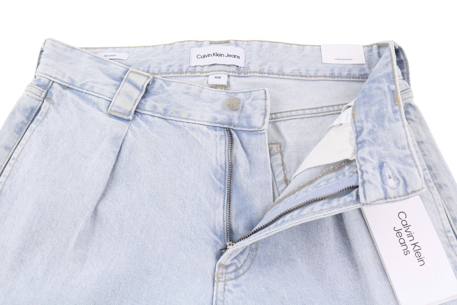 CALVIN KLEIN 90s Loose Pleated Men Jeans W28 Washed Blue Wide Fit Zip RRP272