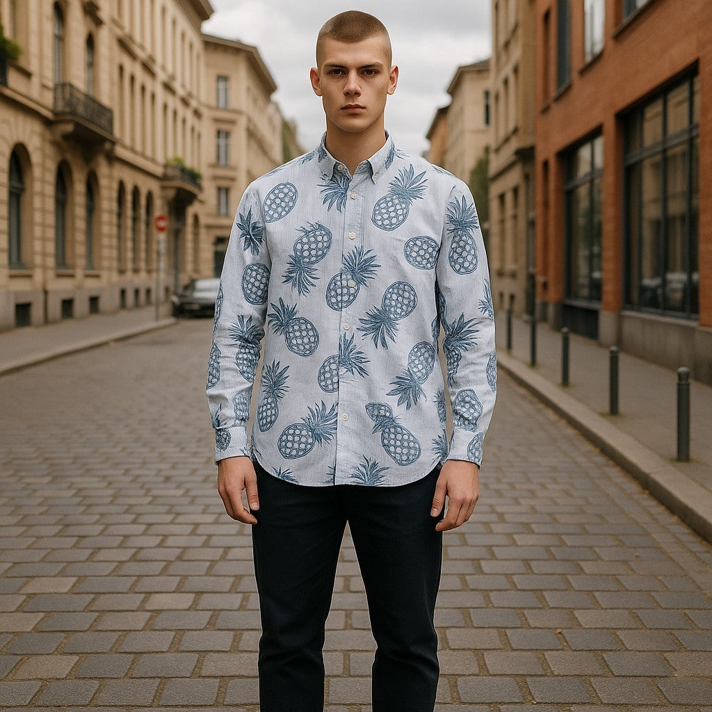 ANTONY MORATO Men Shirt L Blue Slim Fit Stripe Pineapple Roll-Up Button-Down