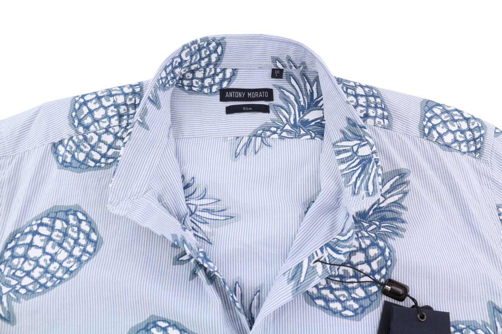 ANTONY MORATO Men Shirt L Blue Slim Fit Stripe Pineapple Roll-Up Button-Down