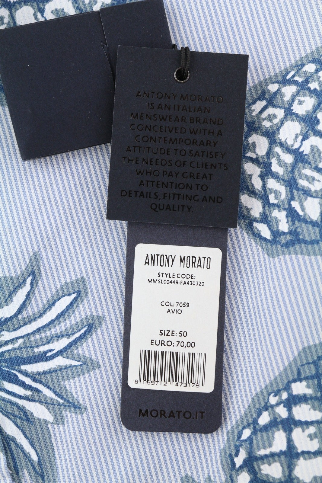 ANTONY MORATO Men Shirt L Blue Slim Fit Stripe Pineapple Roll-Up Button-Down