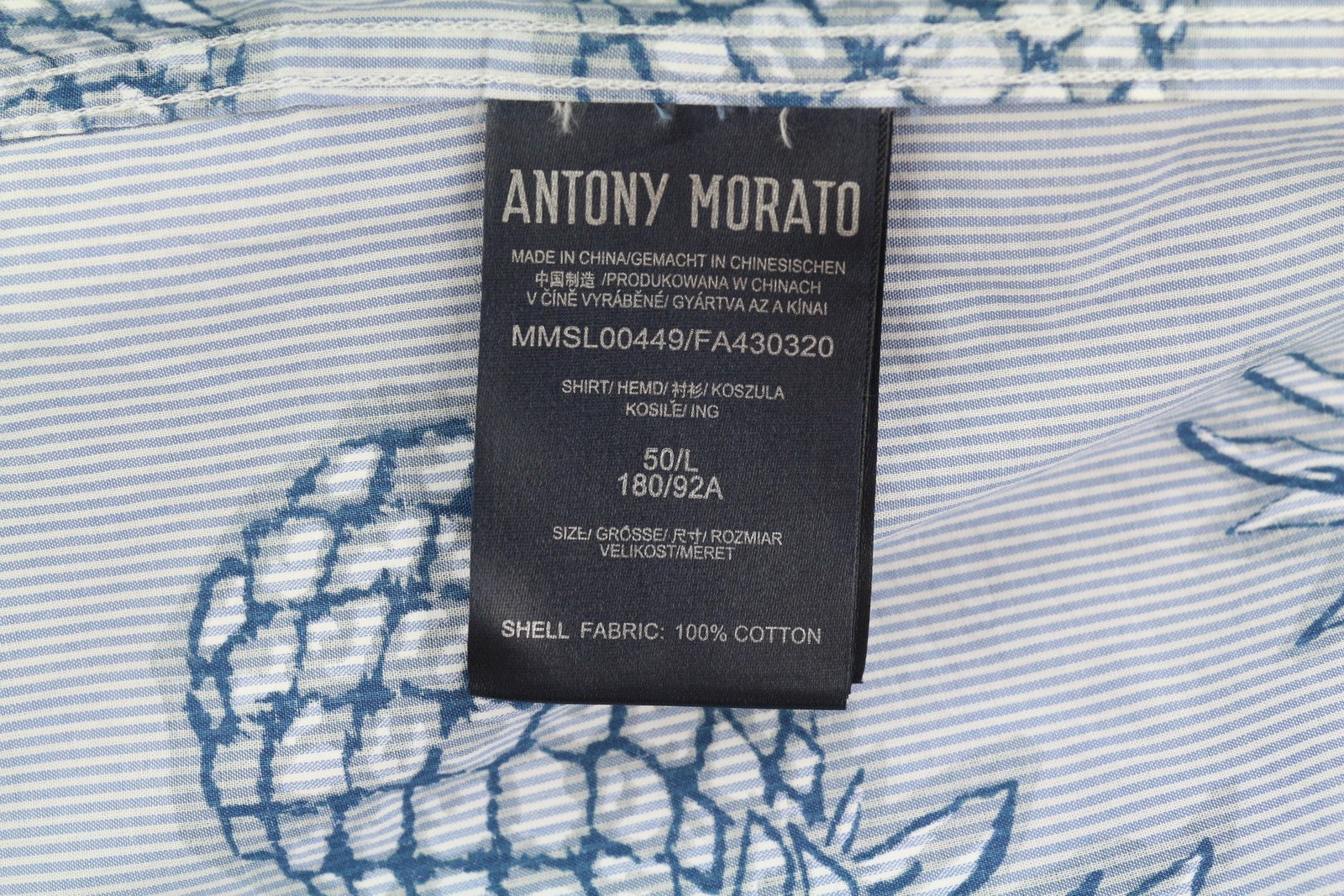 ANTONY MORATO Men Shirt L Blue Slim Fit Stripe Pineapple Roll-Up Button-Down