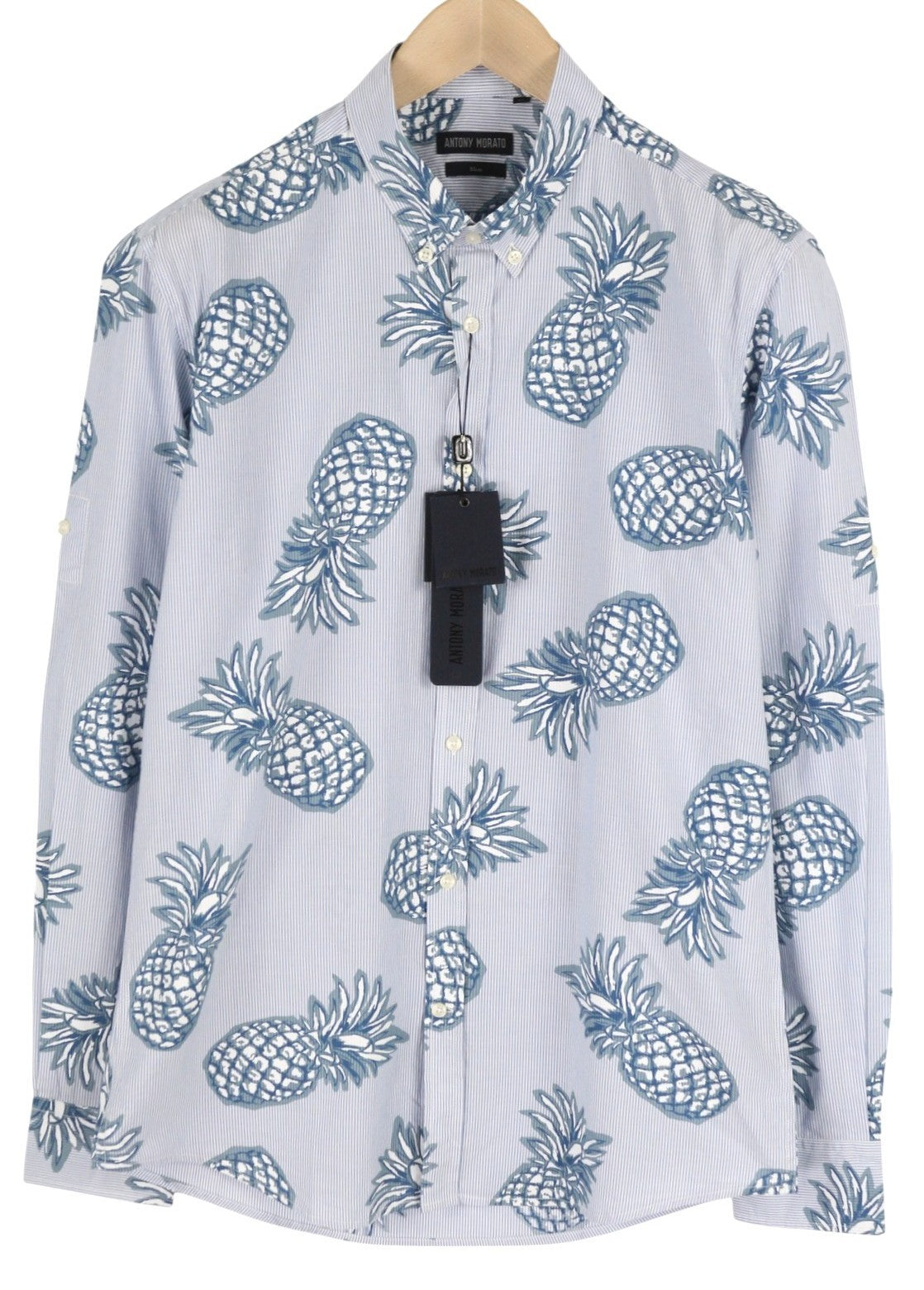 ANTONY MORATO Men Shirt S Blue Slim Stripe Pineapple Print Roll-Up Button-Down