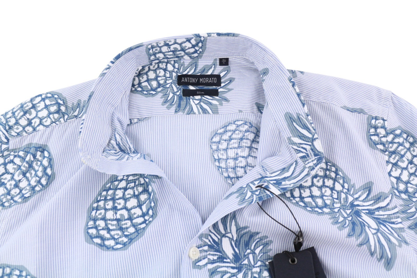 ANTONY MORATO Men Shirt S Blue Slim Stripe Pineapple Print Roll-Up Button-Down